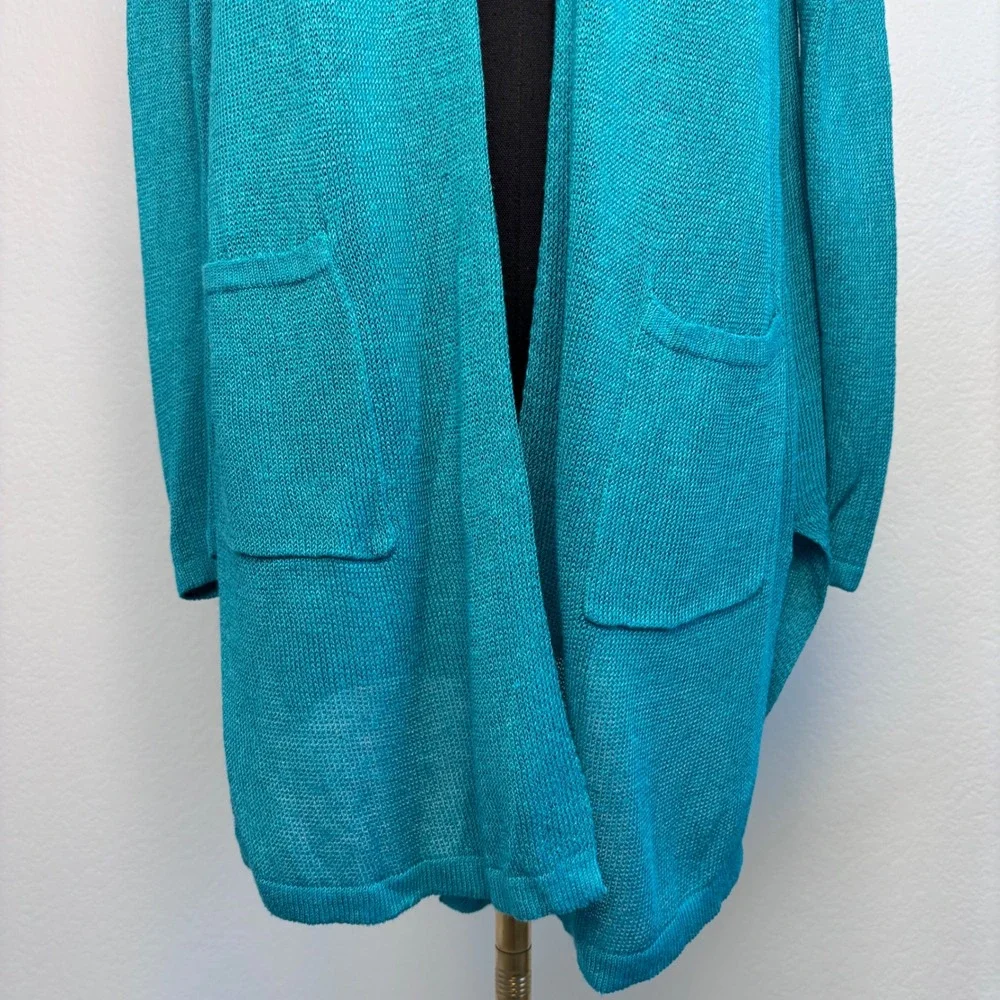 J. Jill Linen Blend‎ Open Front Cardigan, Petite Medium, Teal Coastal beachy